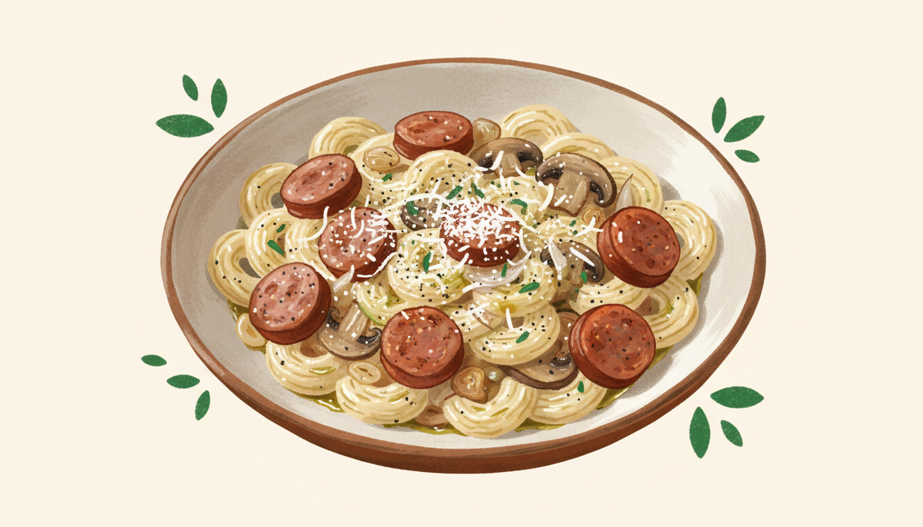 Illustration af cremet pasta med krydret pølse og svampe
